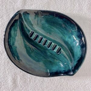Vintage Handmade Green Black Painted Ceramic Ashtray Trinket Dish Art Decor